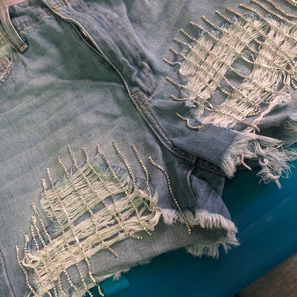 denim shorts with diamond fringe
